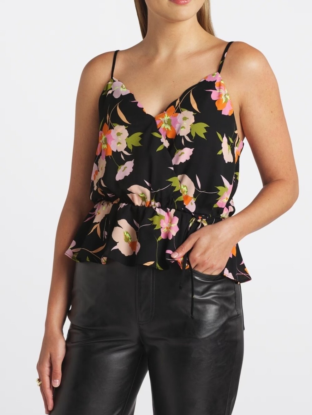 nine britton Black Floral Peplum Cami with Pink and Orange Flowers